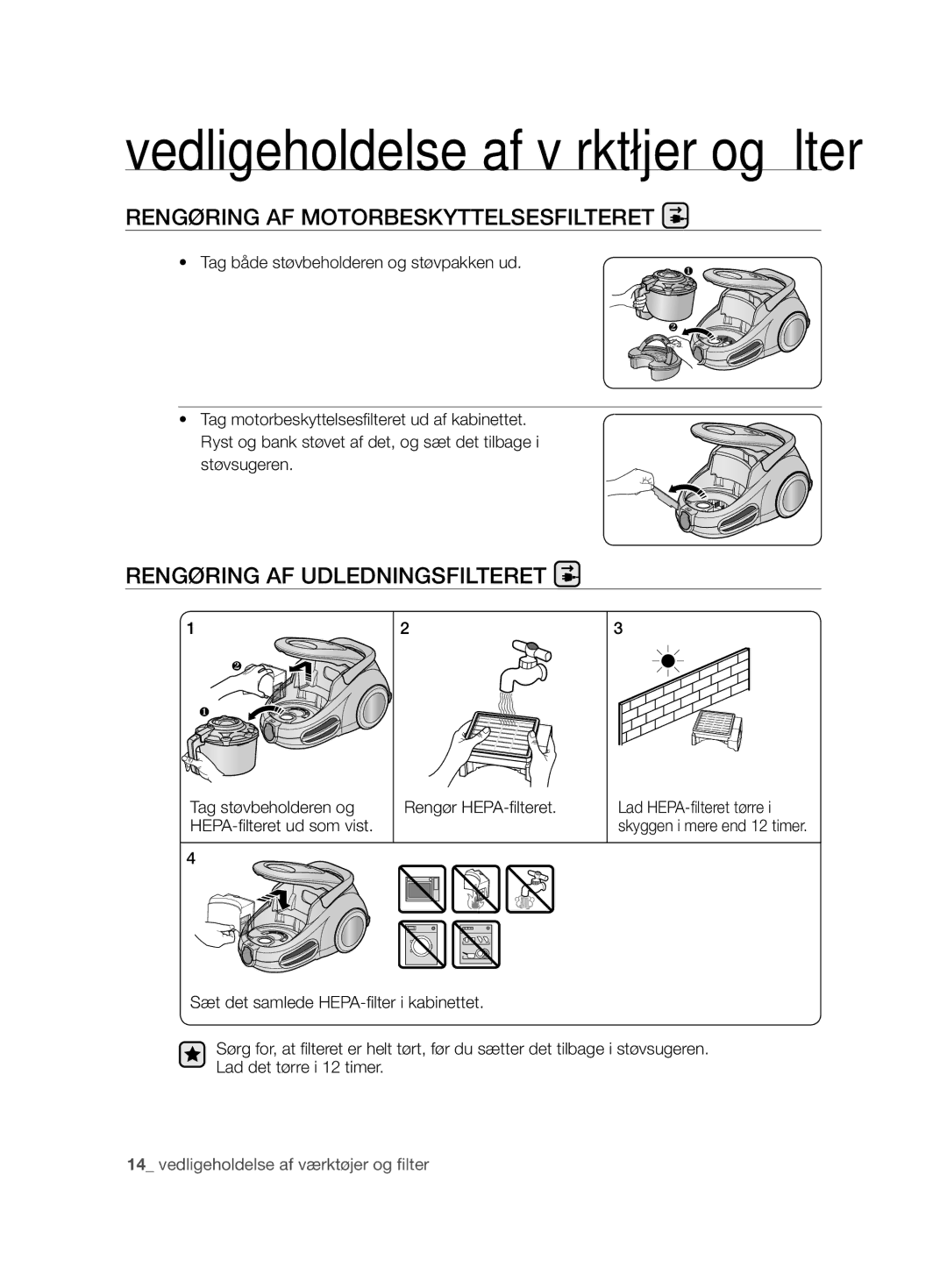 Samsung VCC8680V3K/XEE manual Rengøring AF Motorbeskyttelsesfilteret, Rengøring AF Udledningsfilteret 