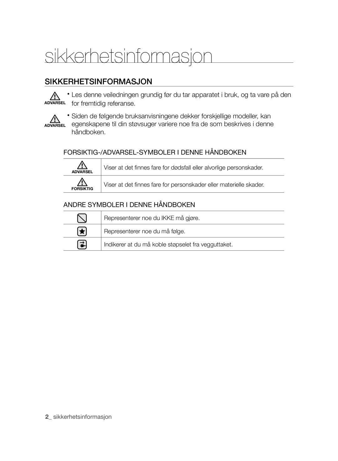 Samsung VCC8680V3K/XEE manual Sikkerhetsinformasjon, FORSIKTIG-/ADVARSEL-SYMBOLER I Denne Håndboken 