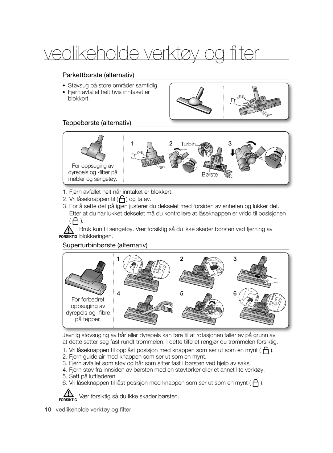 Samsung VCC8680V3K/XEE manual Parkettbørste alternativ, Teppebørste alternativ, Superturbinbørste alternativ 