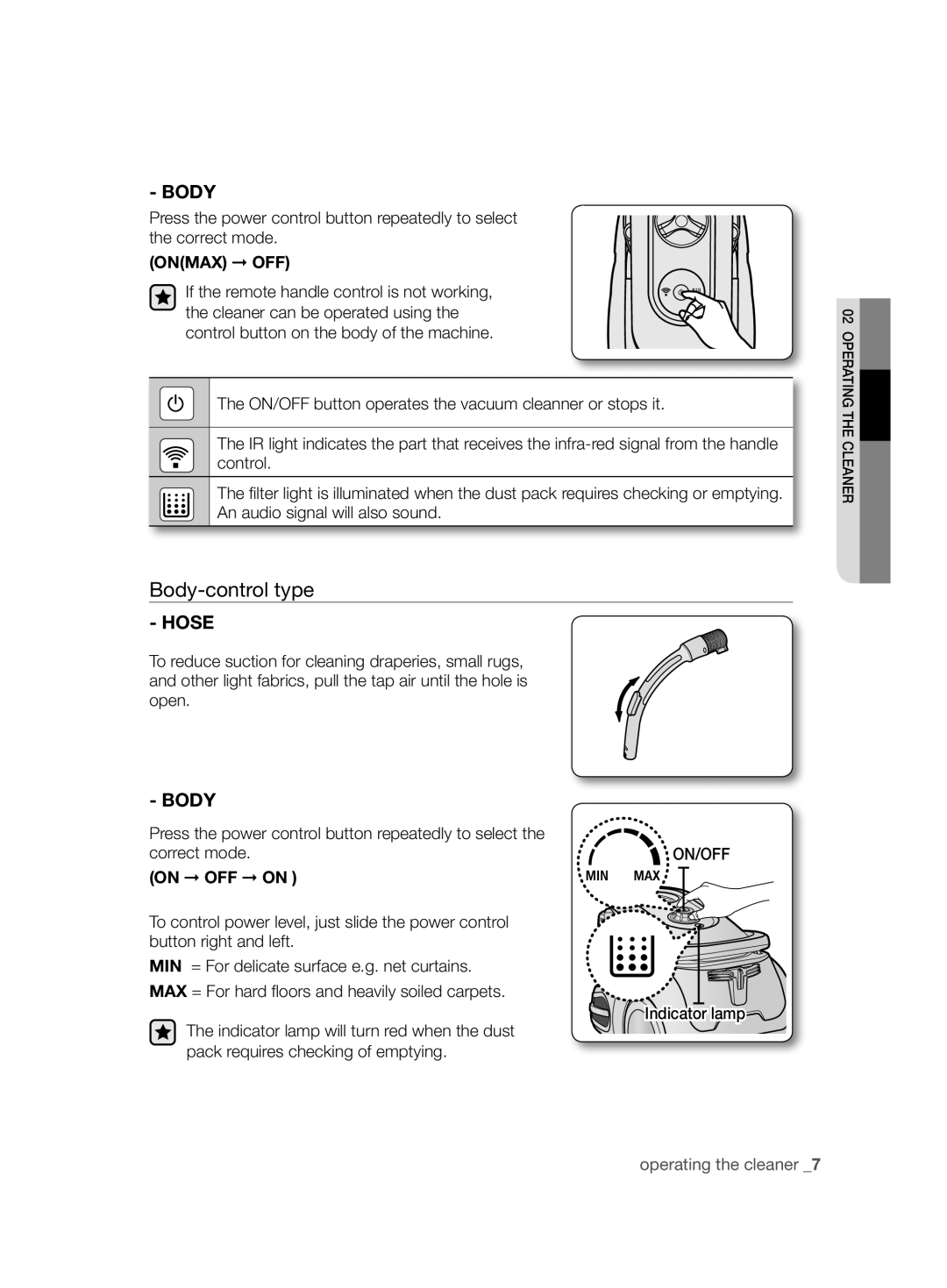 Samsung VCC8680V3K/XEE manual Body-control type, Onmax OFF, Indicator lamp 