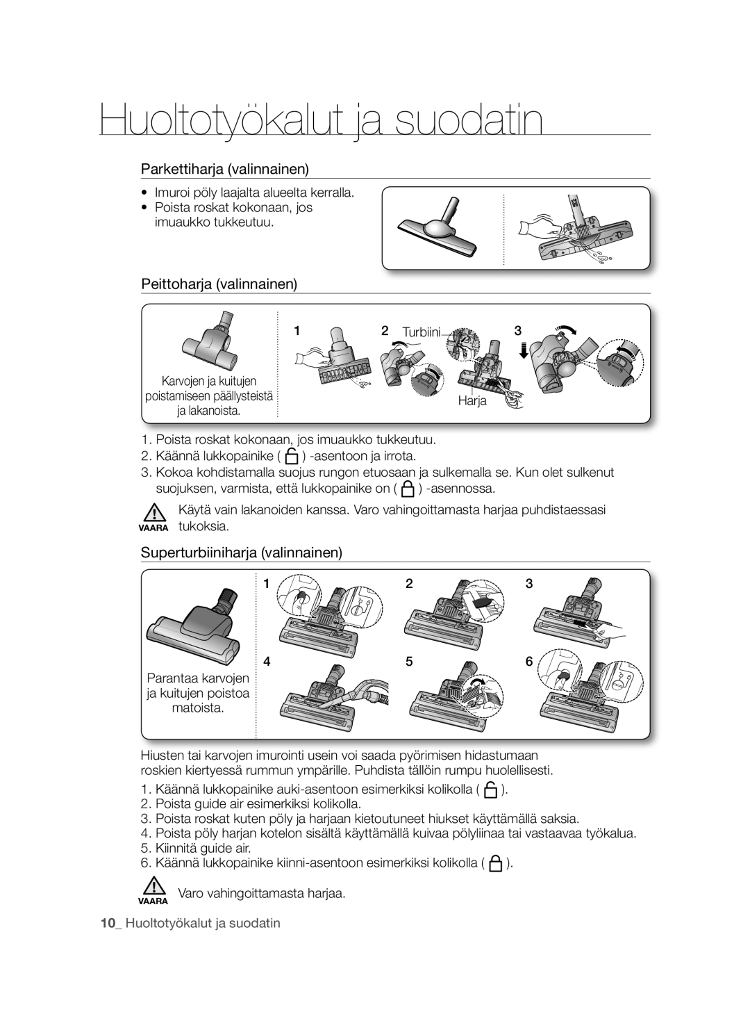 Samsung VCC8680V3K/XEE manual Parkettiharja valinnainen, Peittoharja valinnainen, Superturbiiniharja valinnainen, Turbiini 