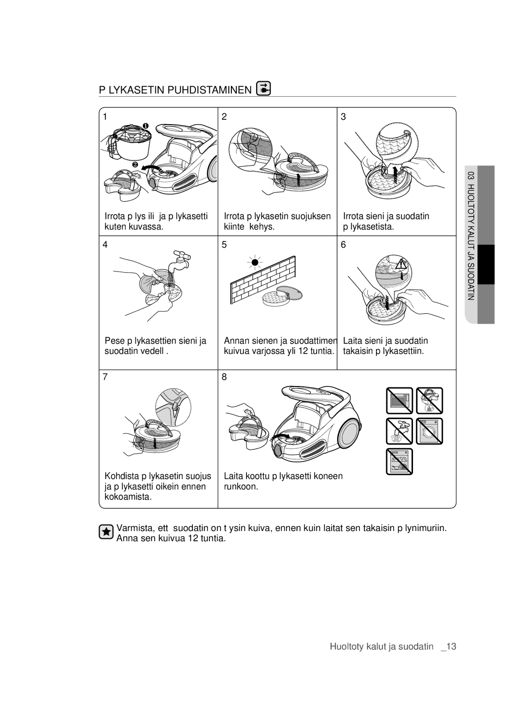 Samsung VCC8680V3K/XEE manual Pölykasetin Puhdistaminen 