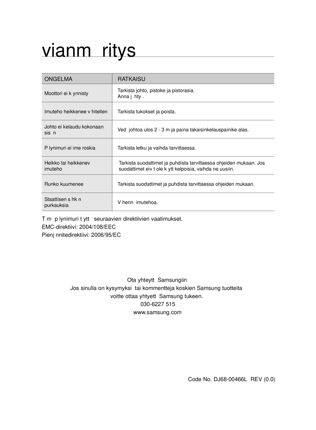 Samsung VCC8680V3K/XEE manual Vianmääritys, Ongelma Ratkaisu 