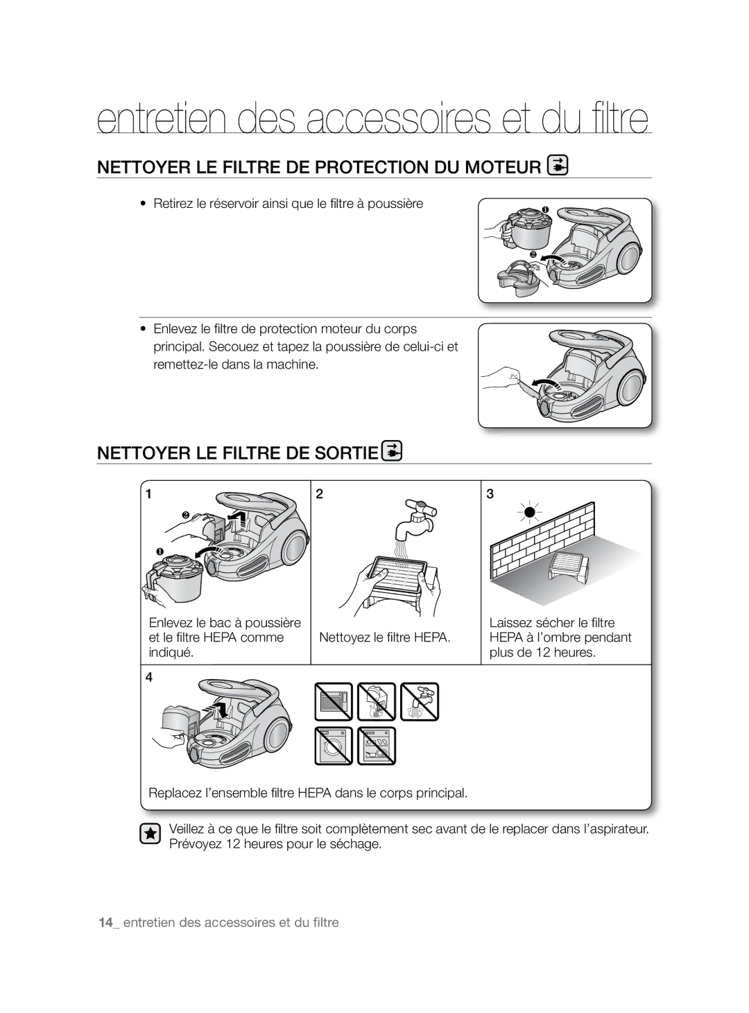 Samsung VCC8680V3K/XEF manual Nettoyer LE Filtre DE Protection DU Moteur, Nettoyer LE Filtre DE Sortie 