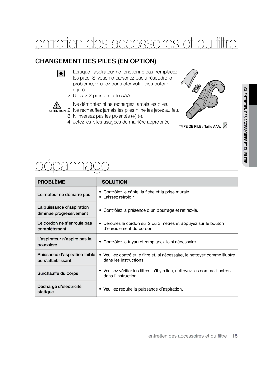 Samsung VCC8680V3K/XEF manual Dépannage, Changement DES Piles EN OpTION 