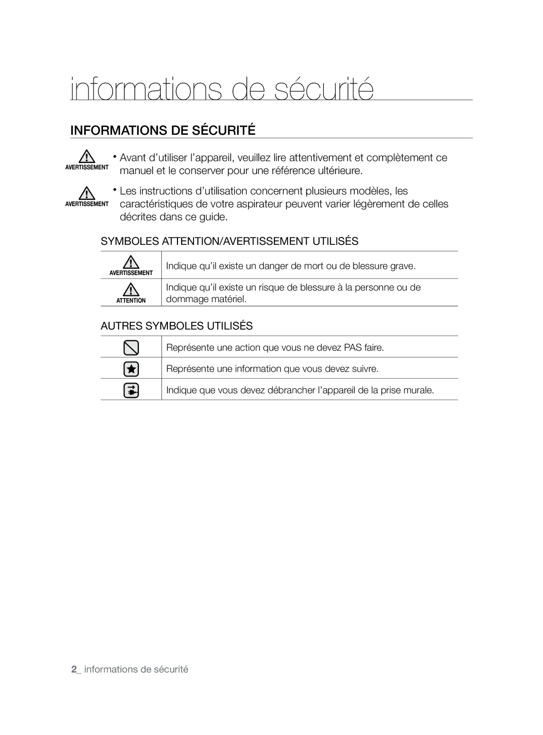 Samsung VCC8680V3K/XEF manual Informations de sécurité, Informations DE Sécurité, Symboles ATTENTION/AVERTISSEMENT Utilisés 