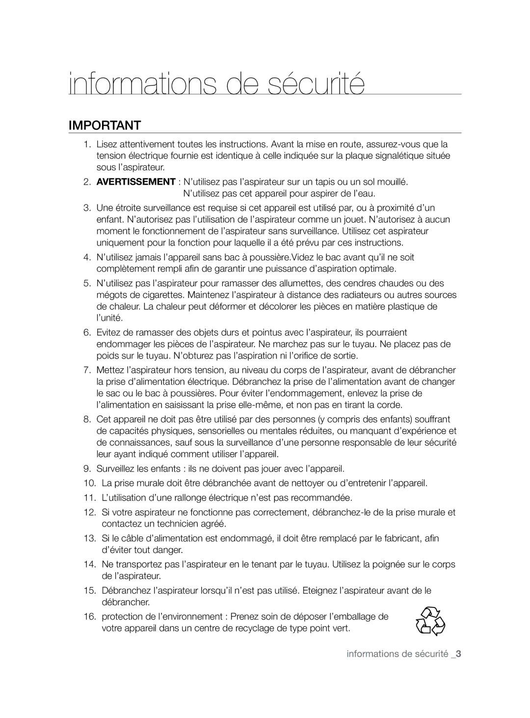 Samsung VCC8680V3K/XEF manual Informations de sécurité 