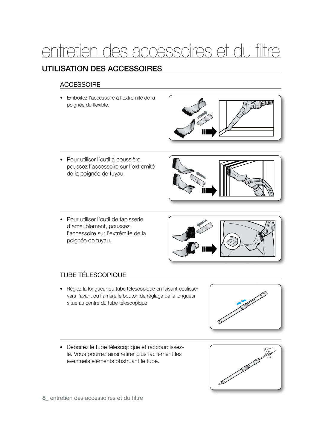 Samsung VCC8680V3K/XEF manual Utilisation DES Accessoires, Tube télescopique 