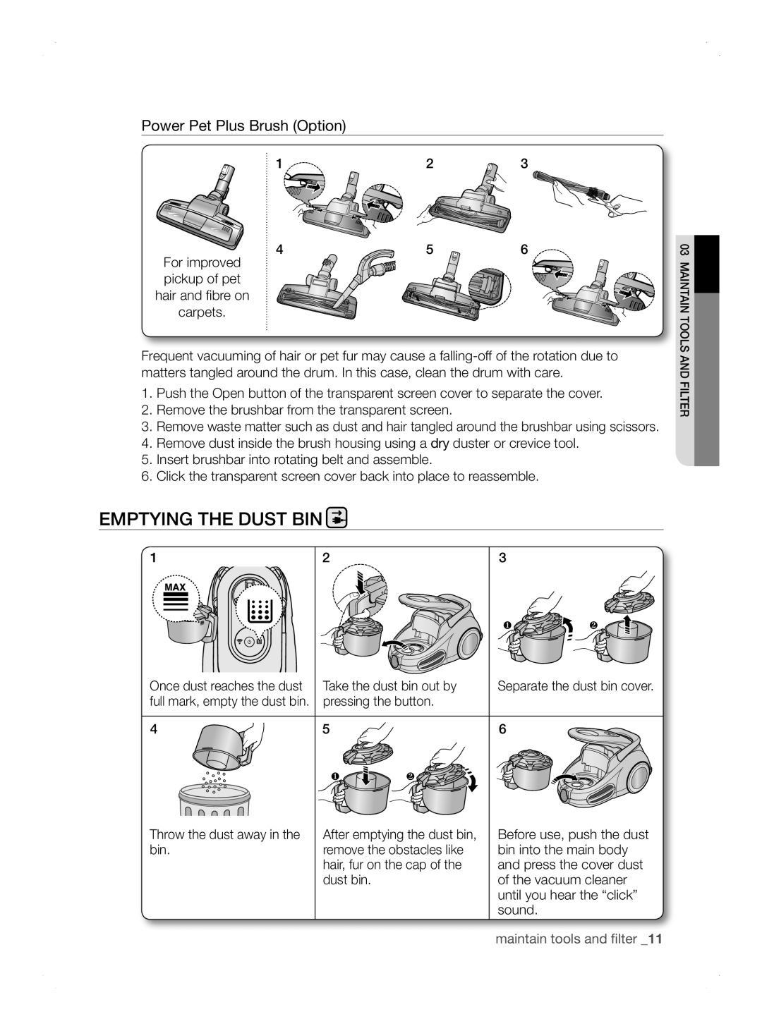 Samsung VCC8690H3A/XSV manual Emptying the dust bin 