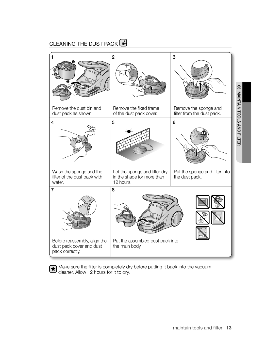 Samsung VCC8690H3A/XSV manual Cleaning the Dust Pack 