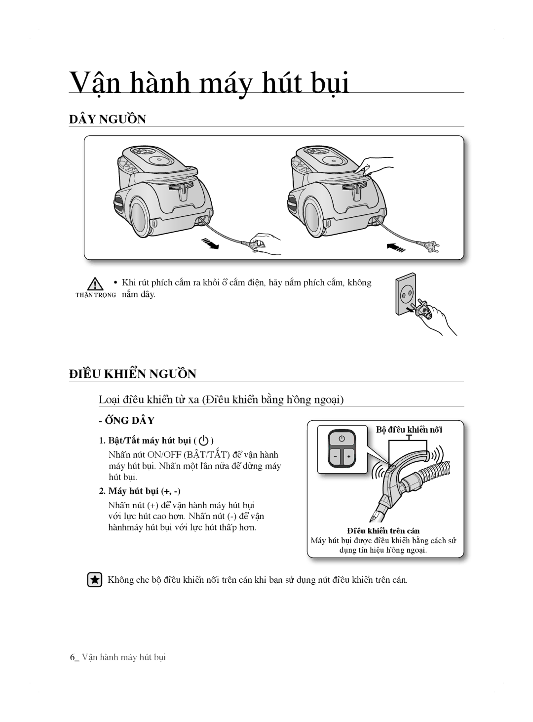 Samsung VCC8690H3A/XSV manual Vận hành máy hút bụi, DÂY Nguồn, Điều Khiển Nguồn 