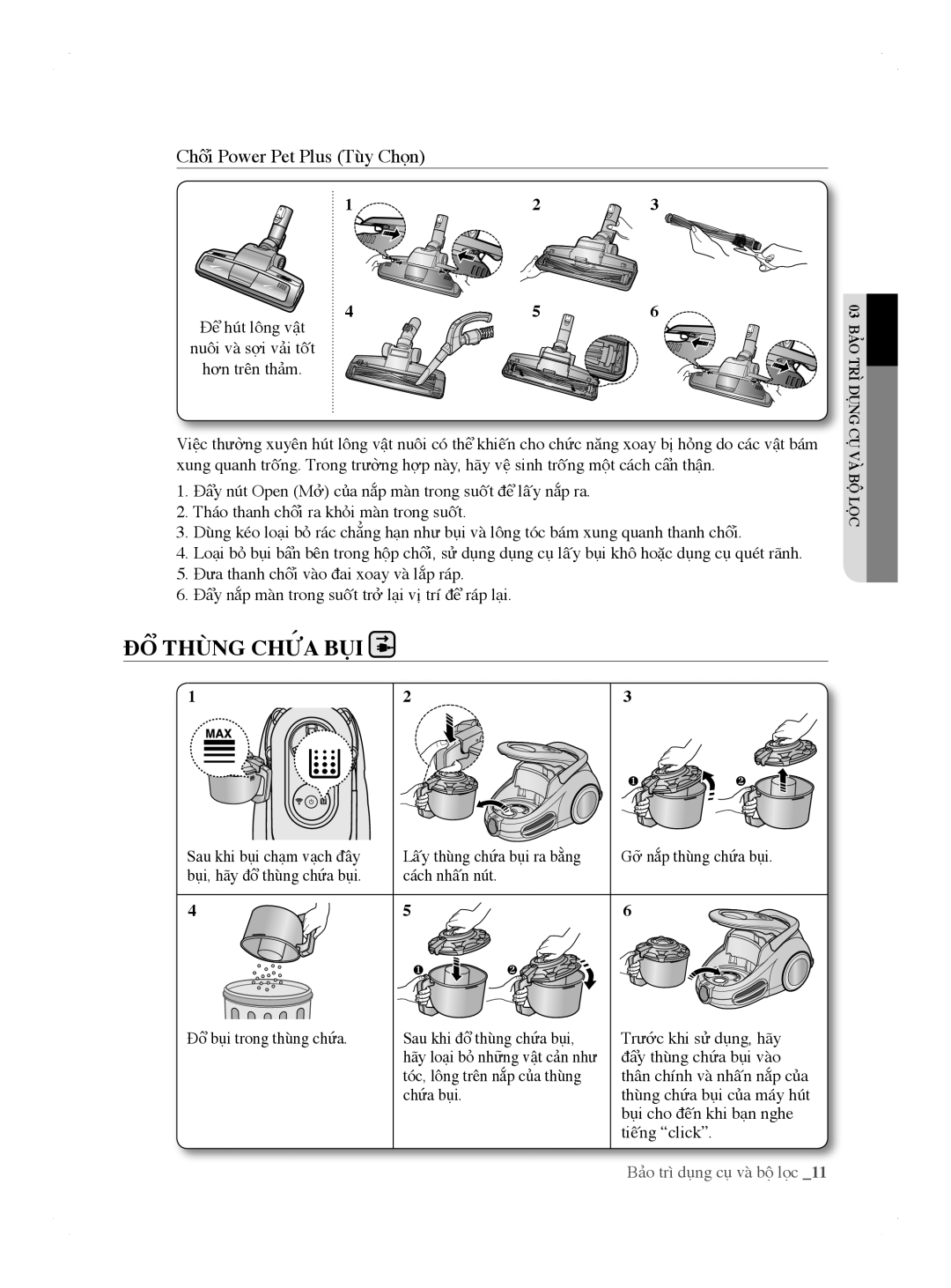 Samsung VCC8690H3A/XSV manual ĐỔ Thùng Chứa BỤI, Chổi Power Pet Plus Tùy Chọn 