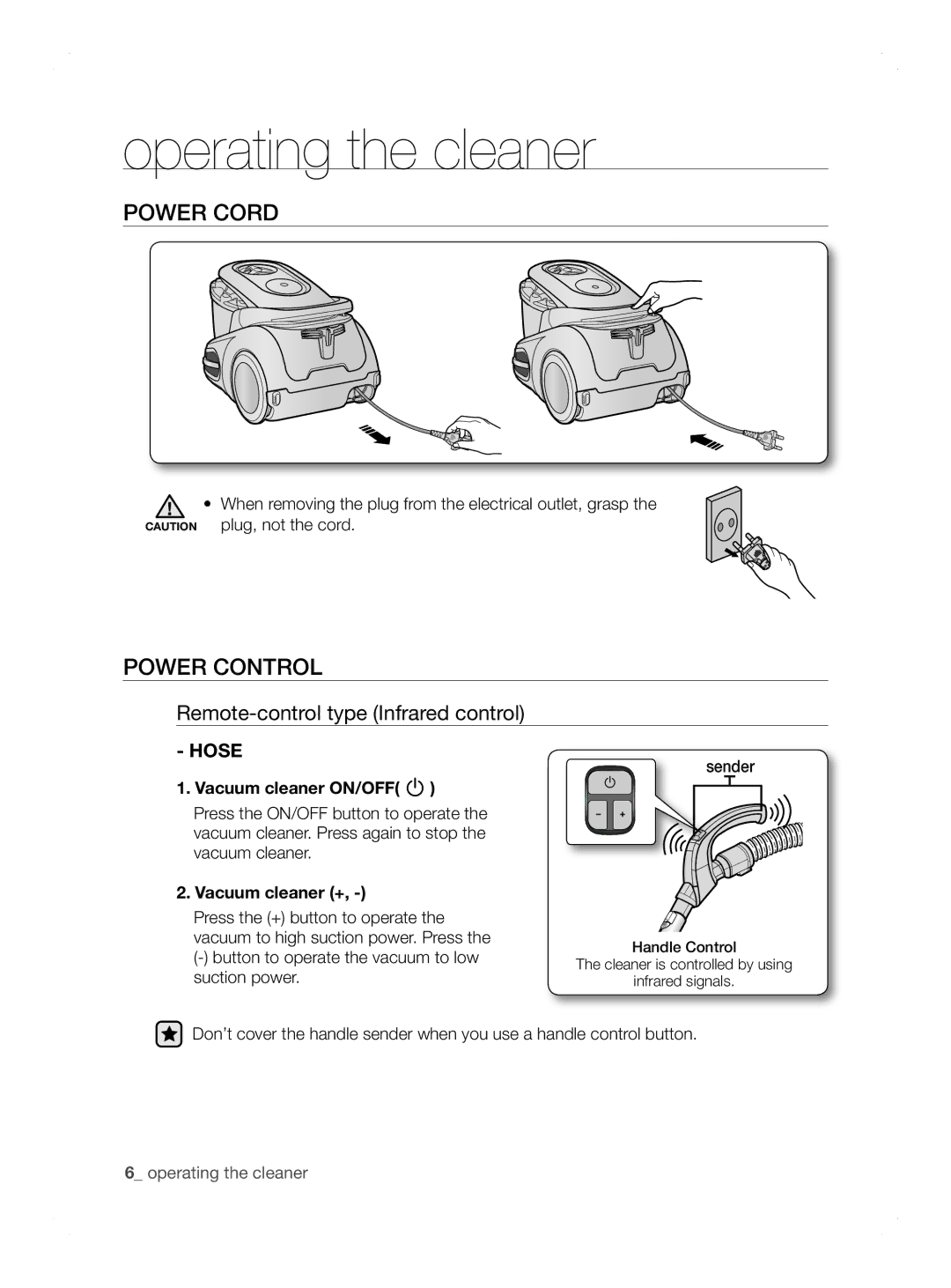 Samsung VCC8690H3A/XSV manual Operating the cleaner, Power Cord 