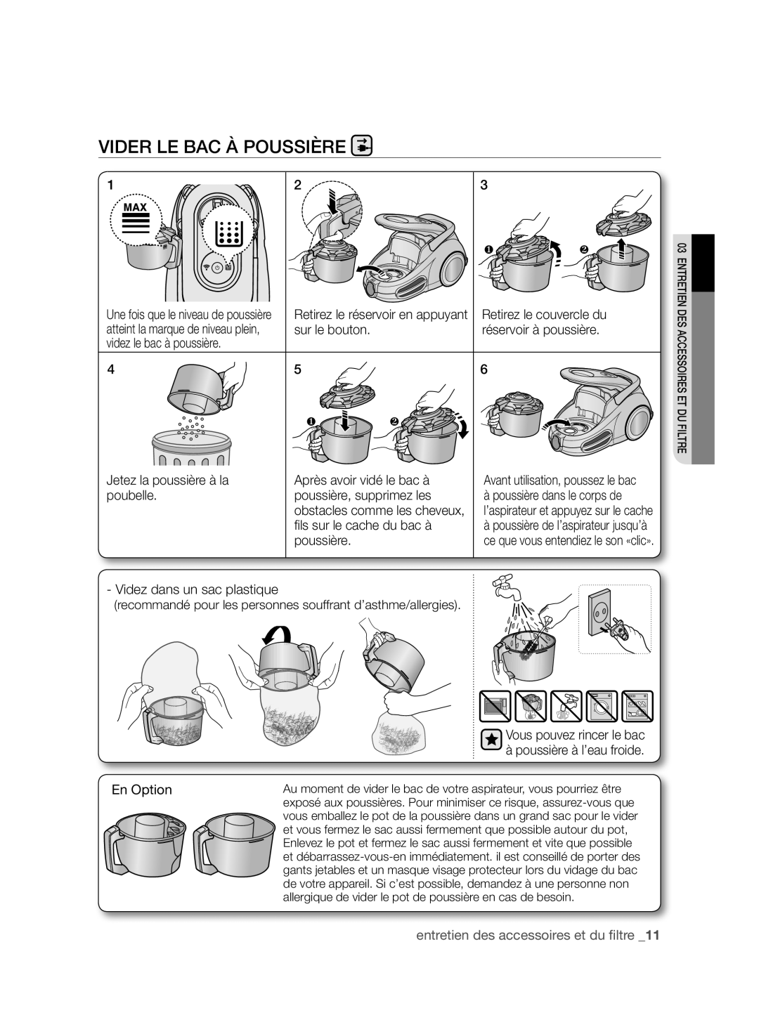 Samsung VCC86G0V3A/XEF, VCC86H0H3S/XEF manual Vider LE BAC À Poussière, Videz dans un sac plastique 