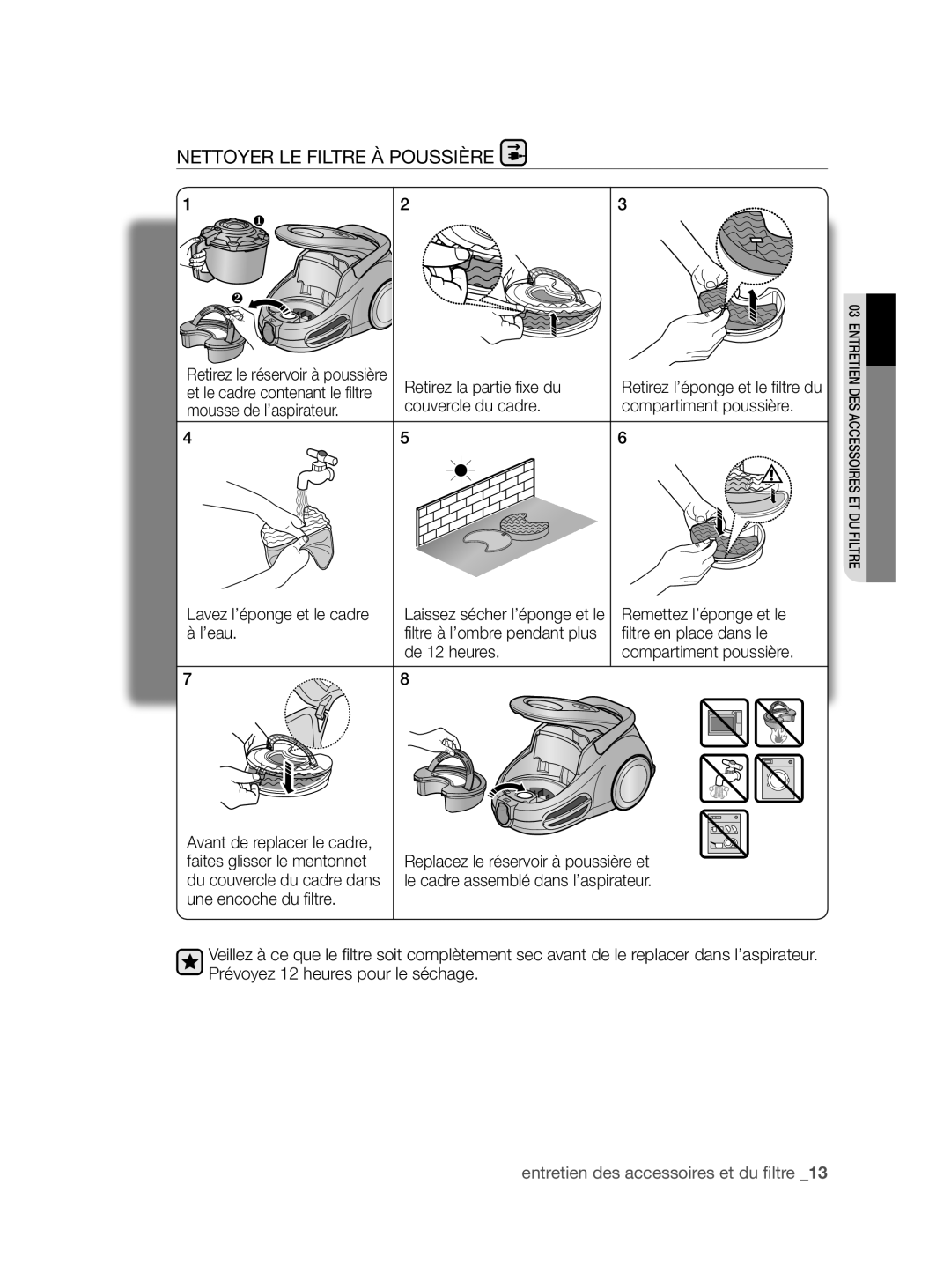 Samsung VCC86G0V3A/XEF, VCC86H0H3S/XEF manual Nettoyer LE Filtre À Poussière 