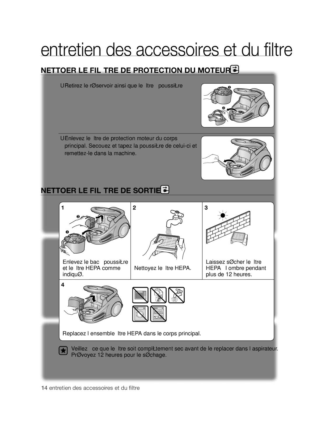 Samsung VCC86H0H3S/XEF, VCC86G0V3A/XEF manual Nettoyer LE Filtre DE Protection DU Moteur, Nettoyer LE Filtre DE Sortie 