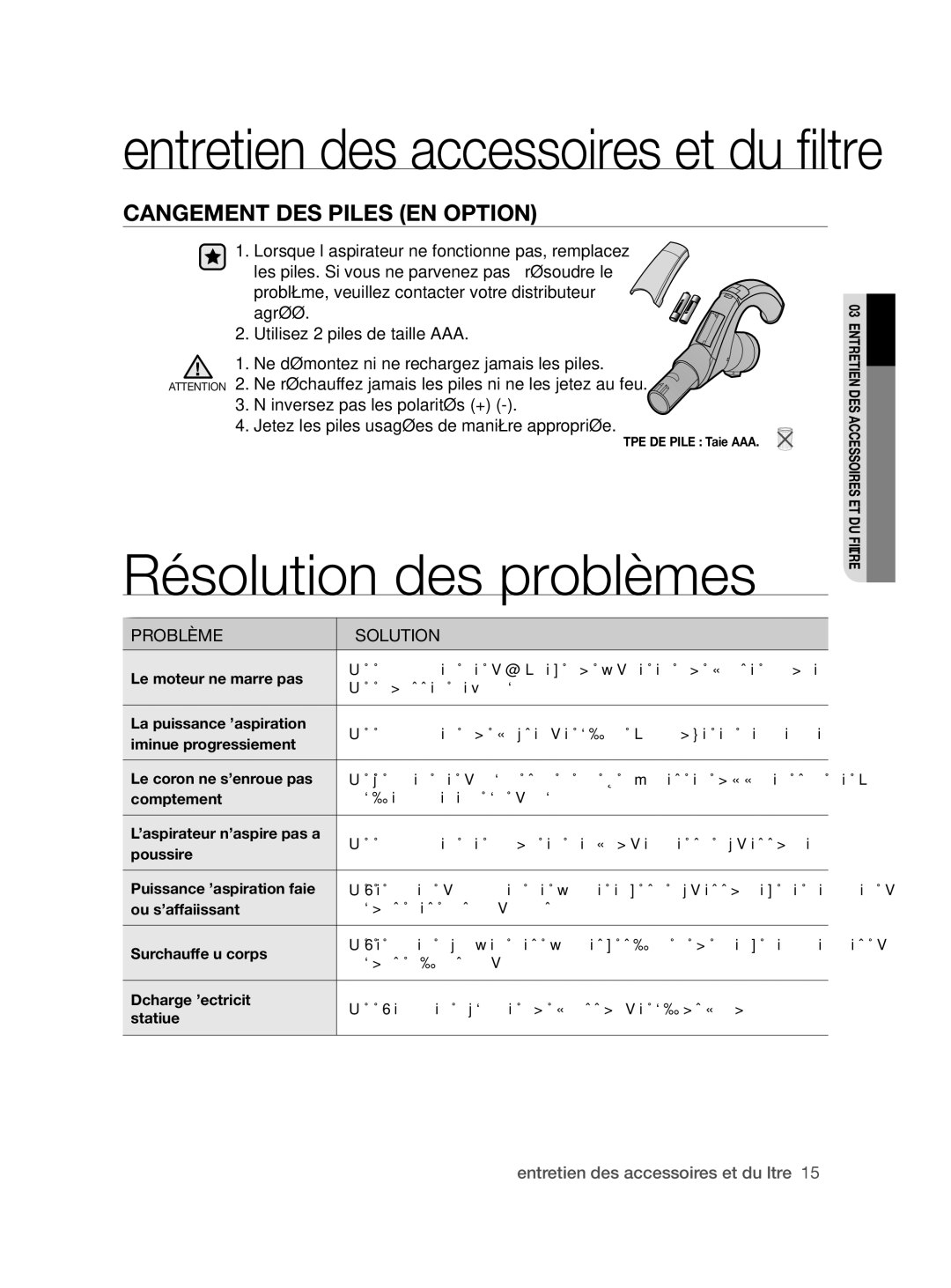 Samsung VCC86G0V3A/XEF, VCC86H0H3S/XEF manual Résolution des problèmes, Changement DES Piles EN OpTION 