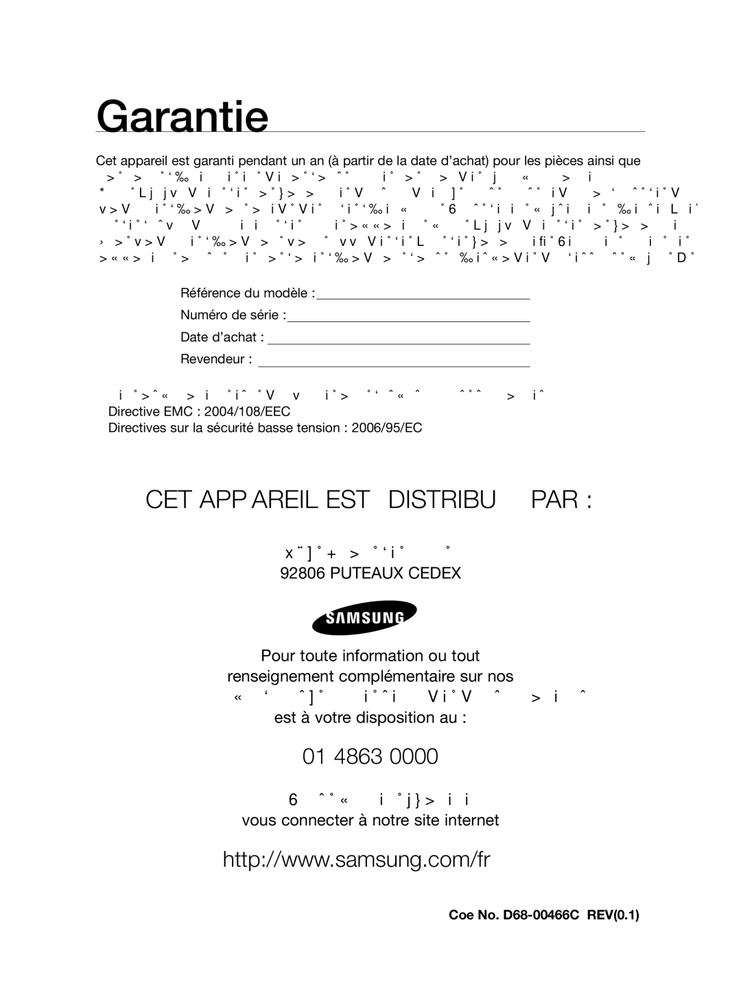 Samsung VCC86H0H3S/XEF, VCC86G0V3A/XEF manual Garantie, CET Appareil EST Distribué PAR 