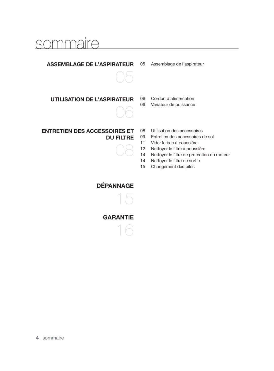 Samsung VCC86H0H3S/XEF, VCC86G0V3A/XEF manual Sommaire, Du filTRE 