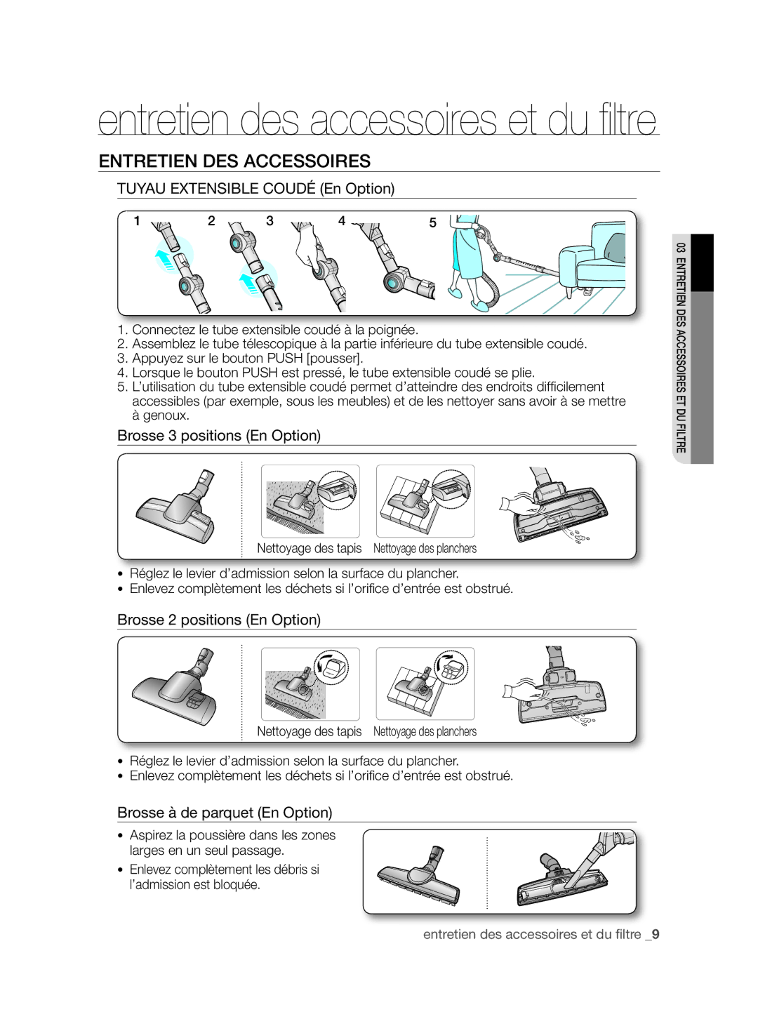 Samsung VCC86G0V3A/XEF, VCC86H0H3S/XEF manual Entretien des accessoires et du filtre 