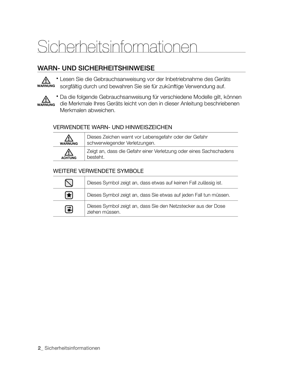 Samsung VCC86H0H3S/XEG manual Sicherheitsinformationen, WARN- UND Sicherheitshinweise, Verwendete WARN- UND Hinweiszeichen 