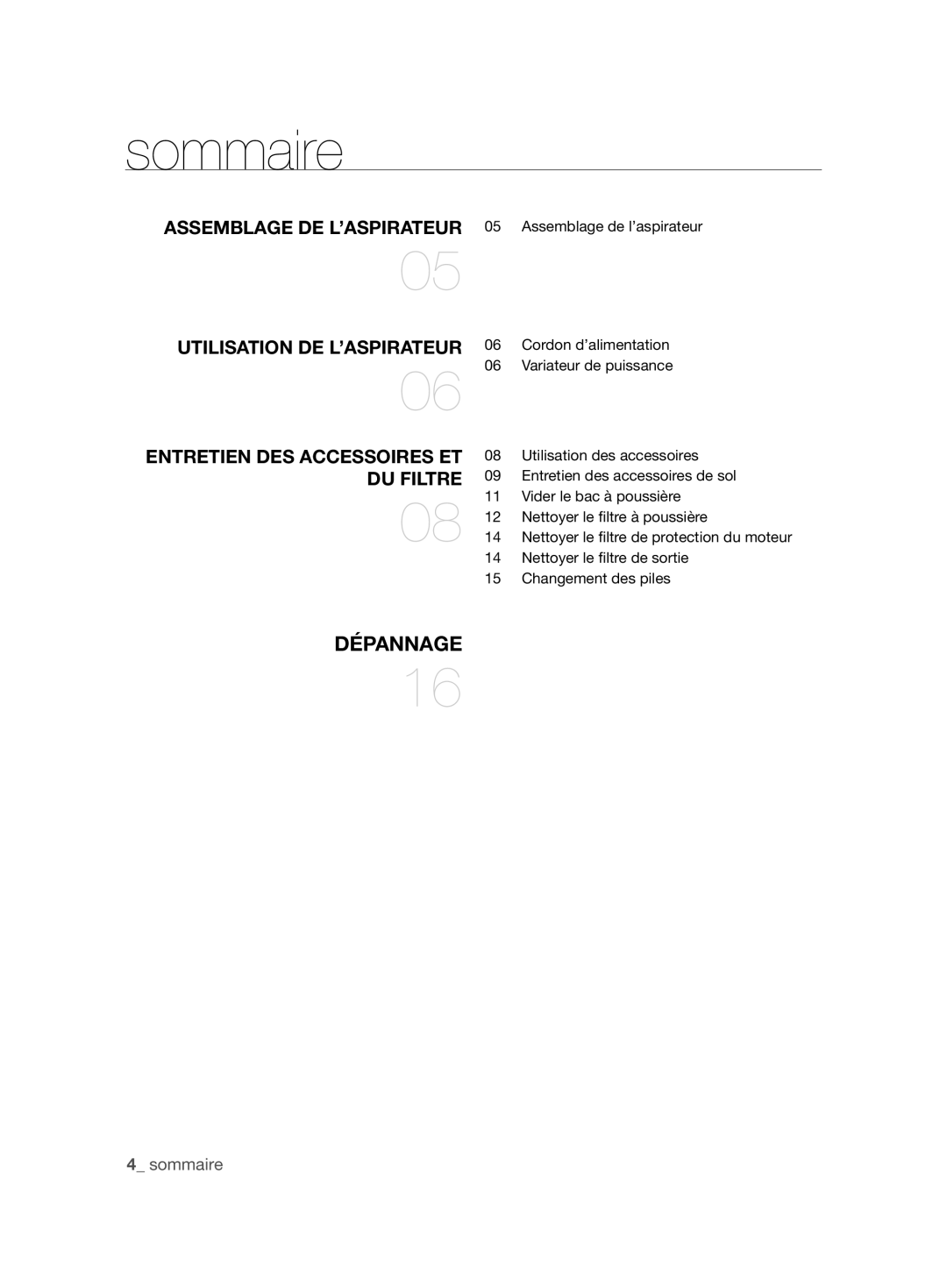 Samsung VCC86H0H3S/XEG Sommaire, Assemblage DE L’ASPIRATEUR, Utilisation DE L’ASPIRATEUR, Entretien DES Accessoires ET 