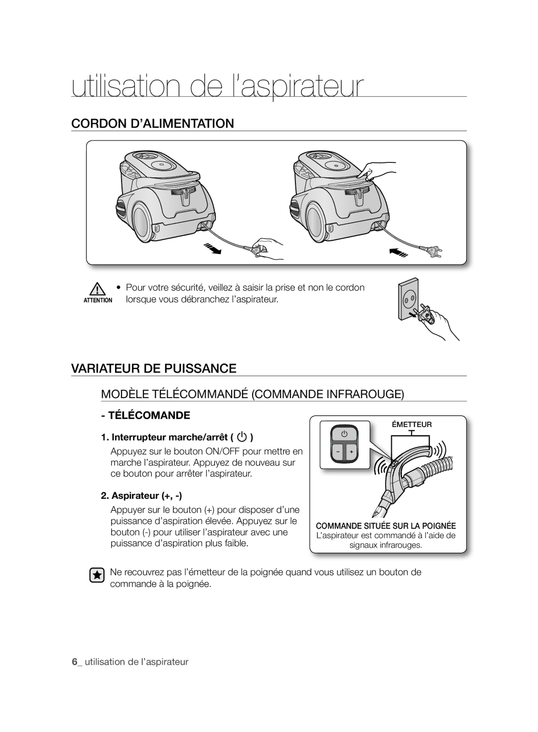 Samsung VCC86H0H3S/XEG manual Utilisation de l’aspirateur, Cordon D’ALIMENTATION, Variateur DE Puissance, Télécomande 