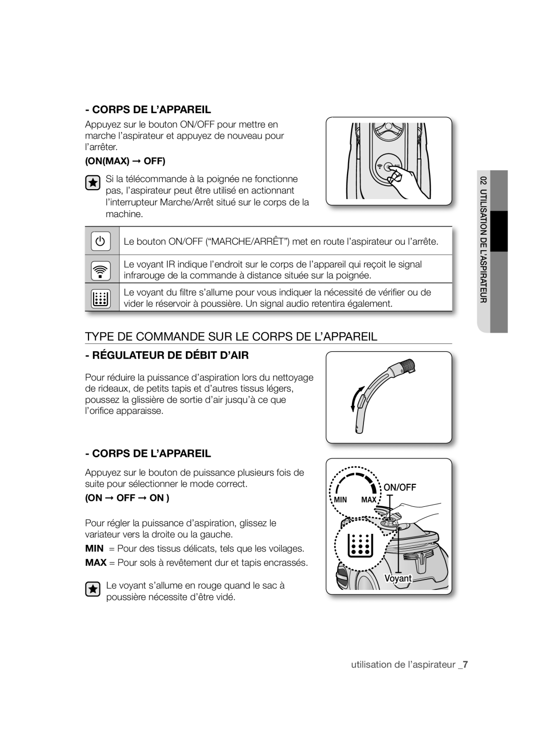 Samsung VCC86H0H3S/XEF, VCC86H0H3S/XEG manual Corps DE L’APPAREIL, Régulateur DE Débit D’AIR, ’oriﬁ ce apparaisse, Voyant 