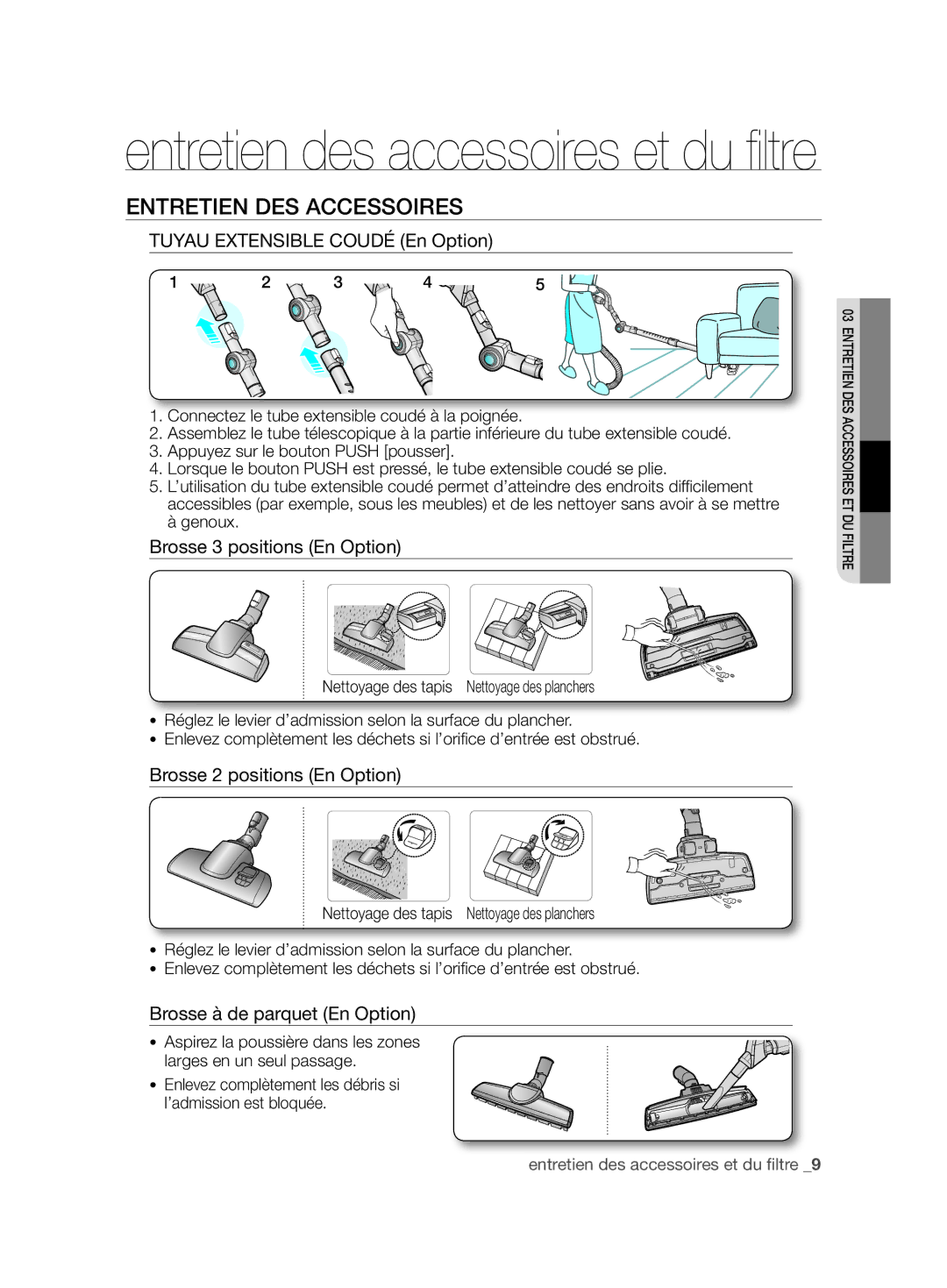 Samsung VCC86H0H3S/XEF manual Entretien DES Accessoires, Tuyau Extensible Coudé En Option, Brosse 3 positions En Option 