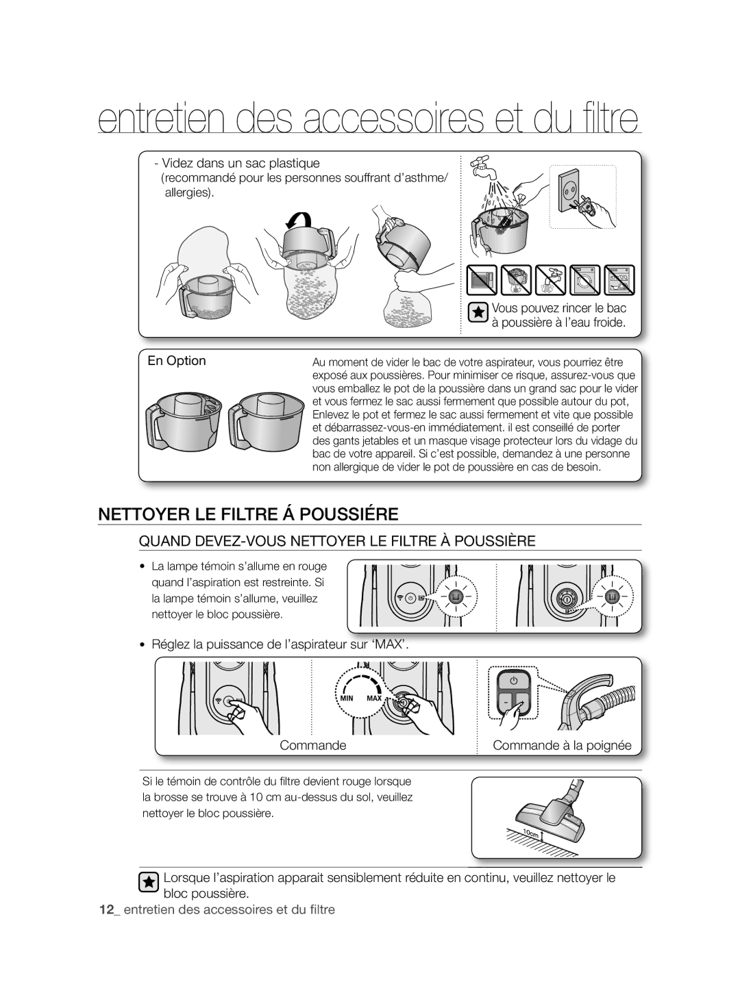 Samsung VCC86H0H3S/XEG manual Nettoyer LE Filtre Á Poussiére, Quand DEVEZ-VOUS Nettoyer LE Filtre À Poussière, En Option 