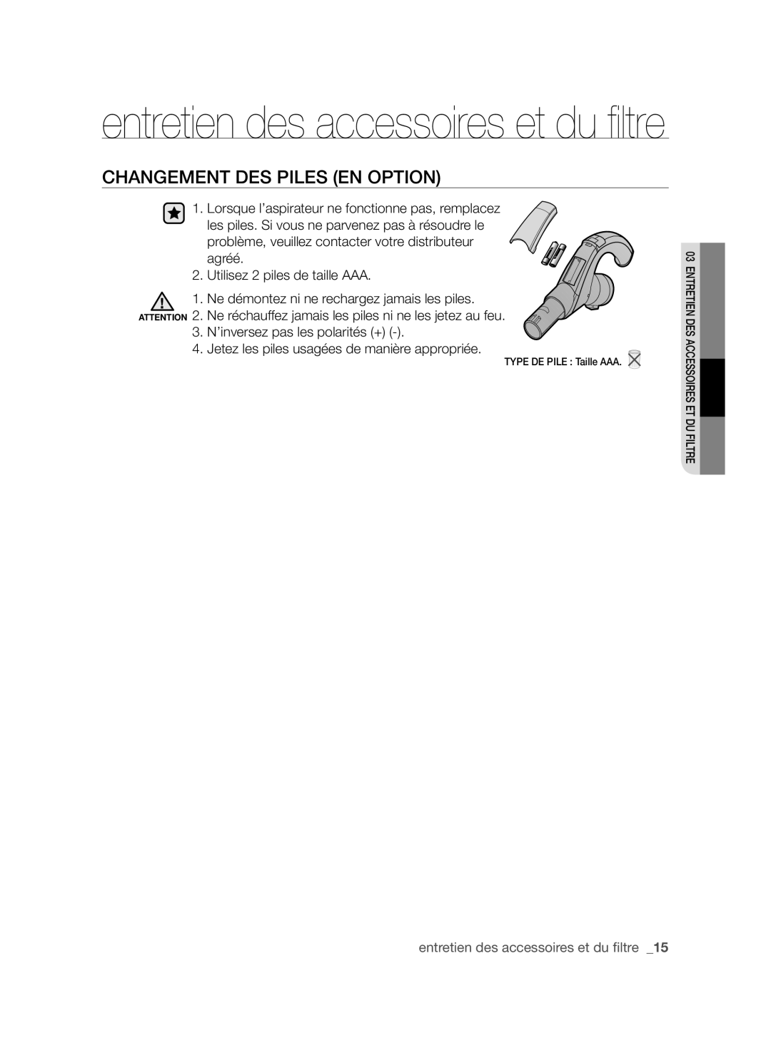 Samsung VCC86H0H3S/XEF, VCC86H0H3S/XEG manual Changement DES Piles EN Option 