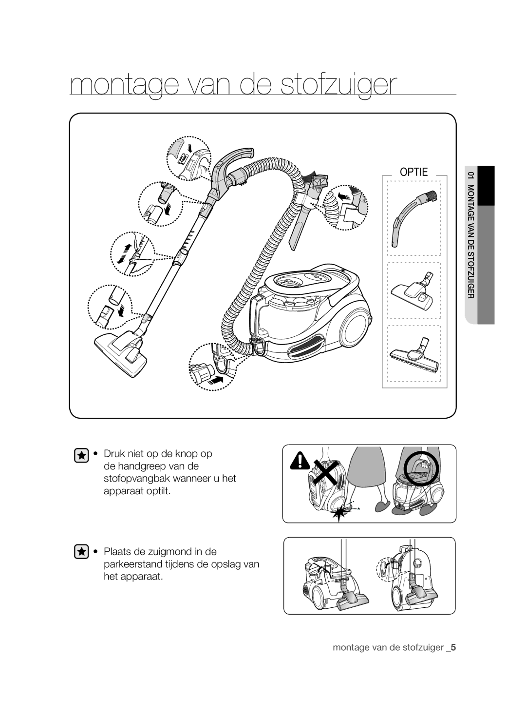 Samsung VCC86H0H3S/XEF, VCC86H0H3S/XEG manual Montage van de stofzuiger 