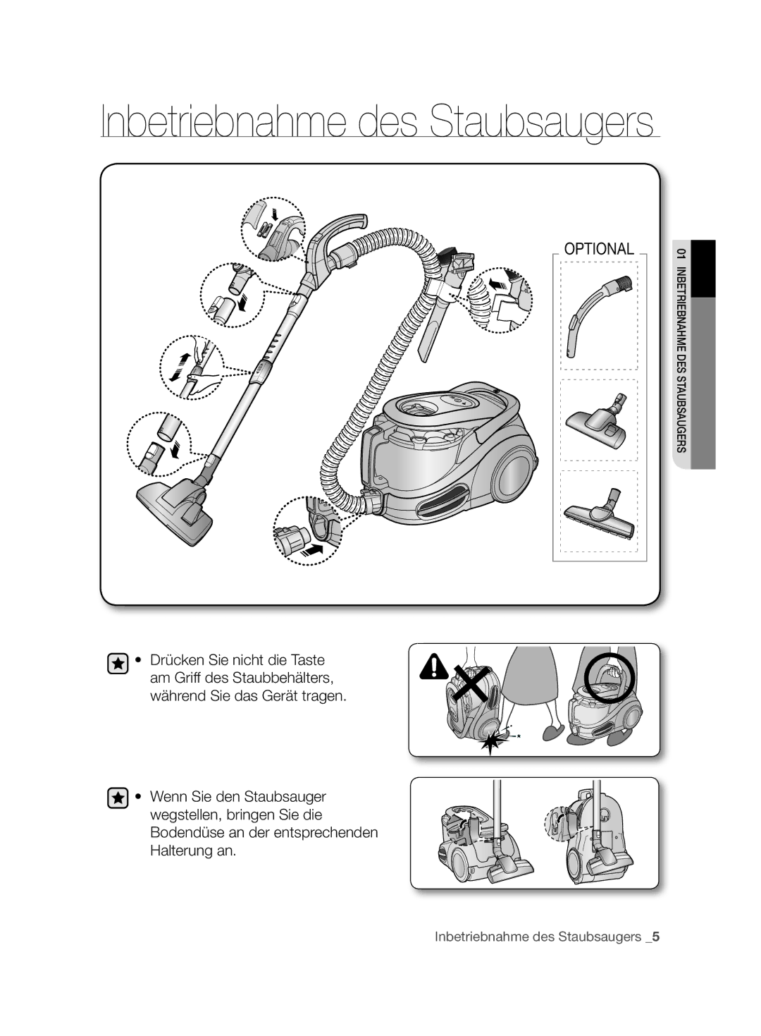 Samsung VCC86H0H3S/XEF, VCC86H0H3S/XEG manual Inbetriebnahme des Staubsaugers 