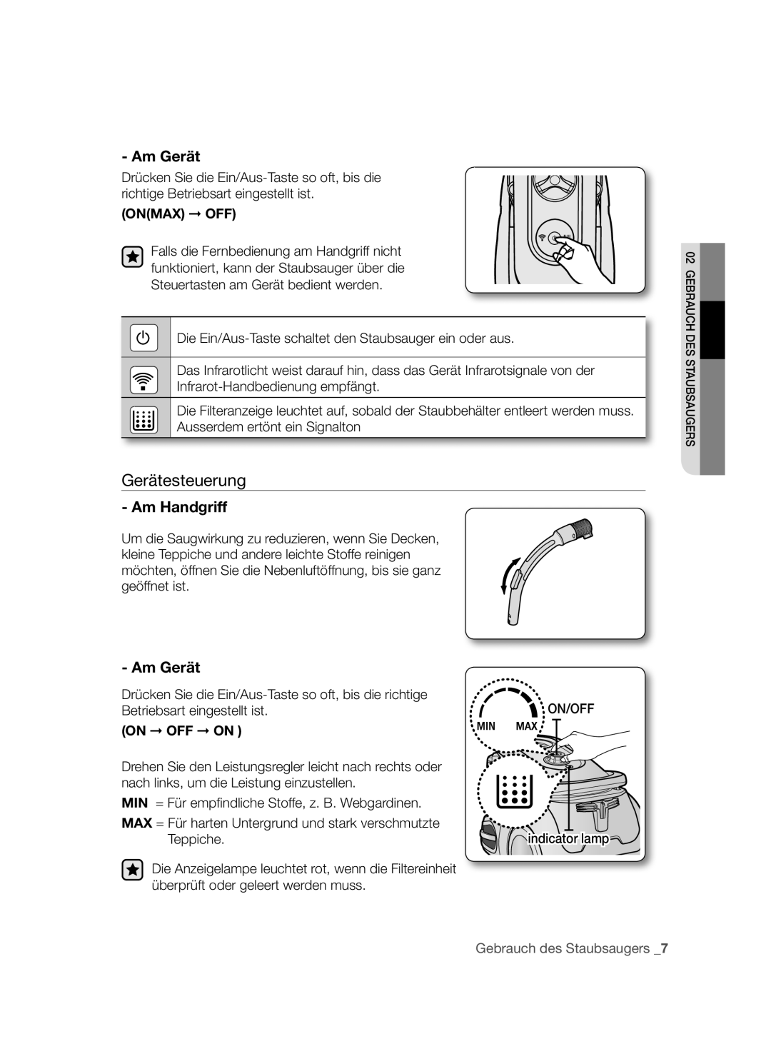 Samsung VCC86H0H3S/XEF, VCC86H0H3S/XEG manual Am Gerät, Indicator lamp 