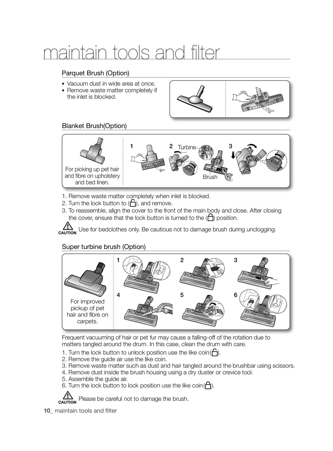 Samsung VCC8780H3A/XSG, VCC8780H3A/BOL manual Parquet Brush Option, Blanket BrushOption, Super turbine brush Option, Turbine 