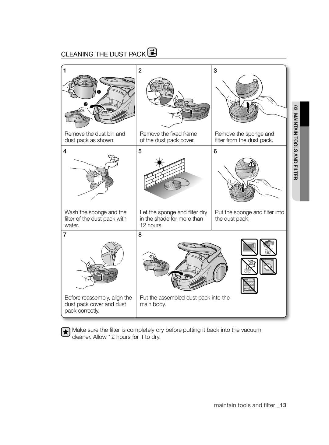 Samsung VCC8780H3A/BOL, VCC8780H3A/TWL, VCC8780H3A/XSG, VCC8780H4A/ATC, VCC8780H3A/XEH manual Cleaning the Dust Pack 