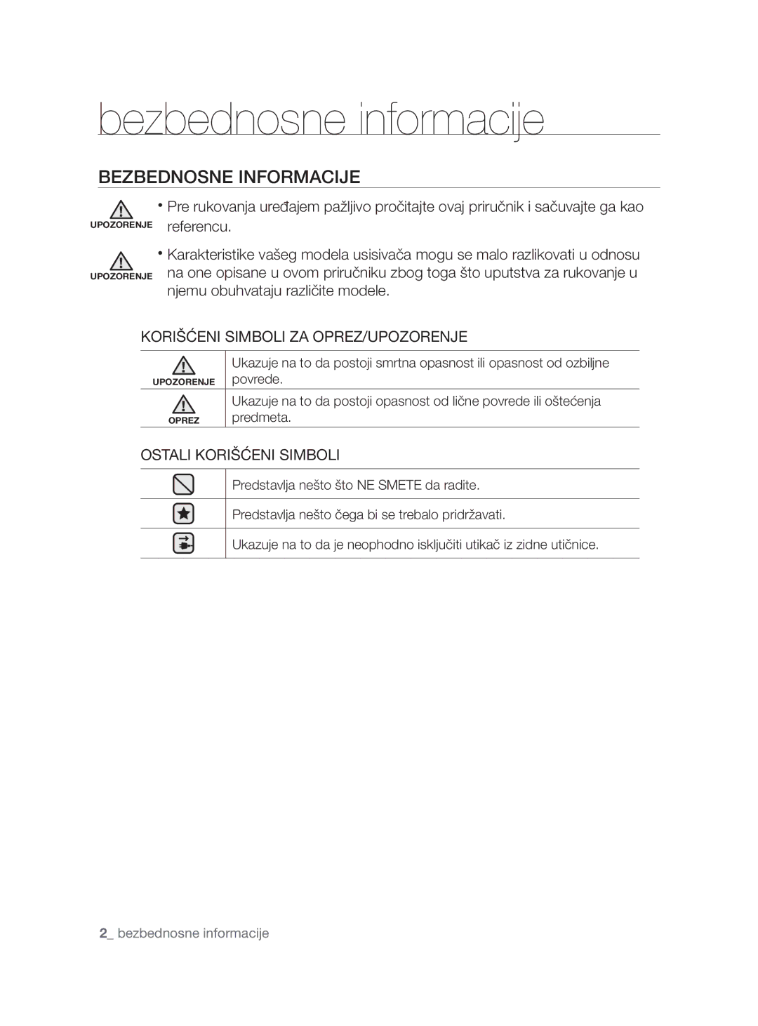 Samsung VCC8780H3A/BOL manual Bezbednosne informacije, Bezbednosne Informacije, Korišćeni Simboli ZA OPREZ/UPOZORENJE 