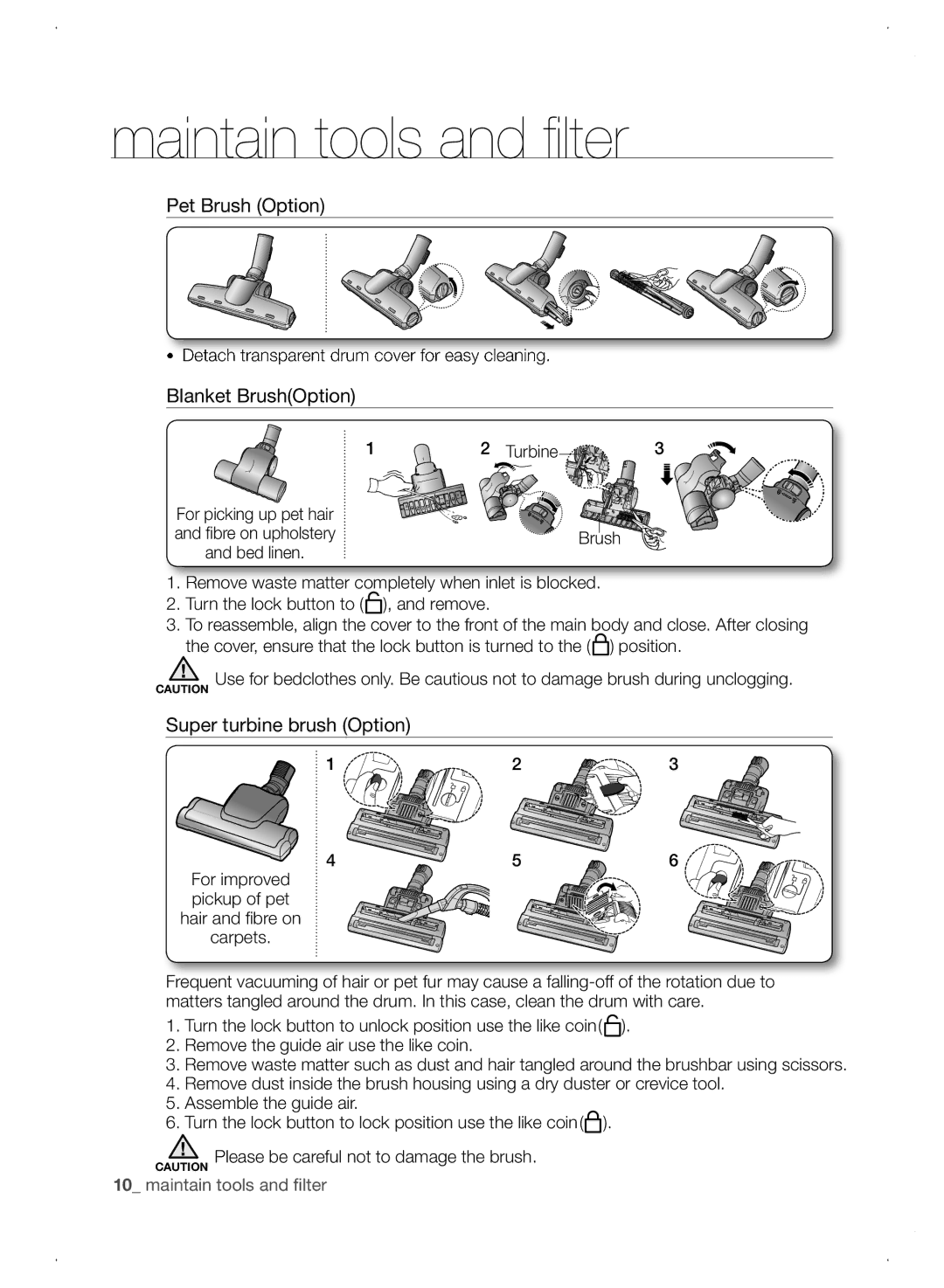 Samsung VCC8780H3A/TWL manual Pet Brush Option, Blanket BrushOption, Super turbine brush Option 