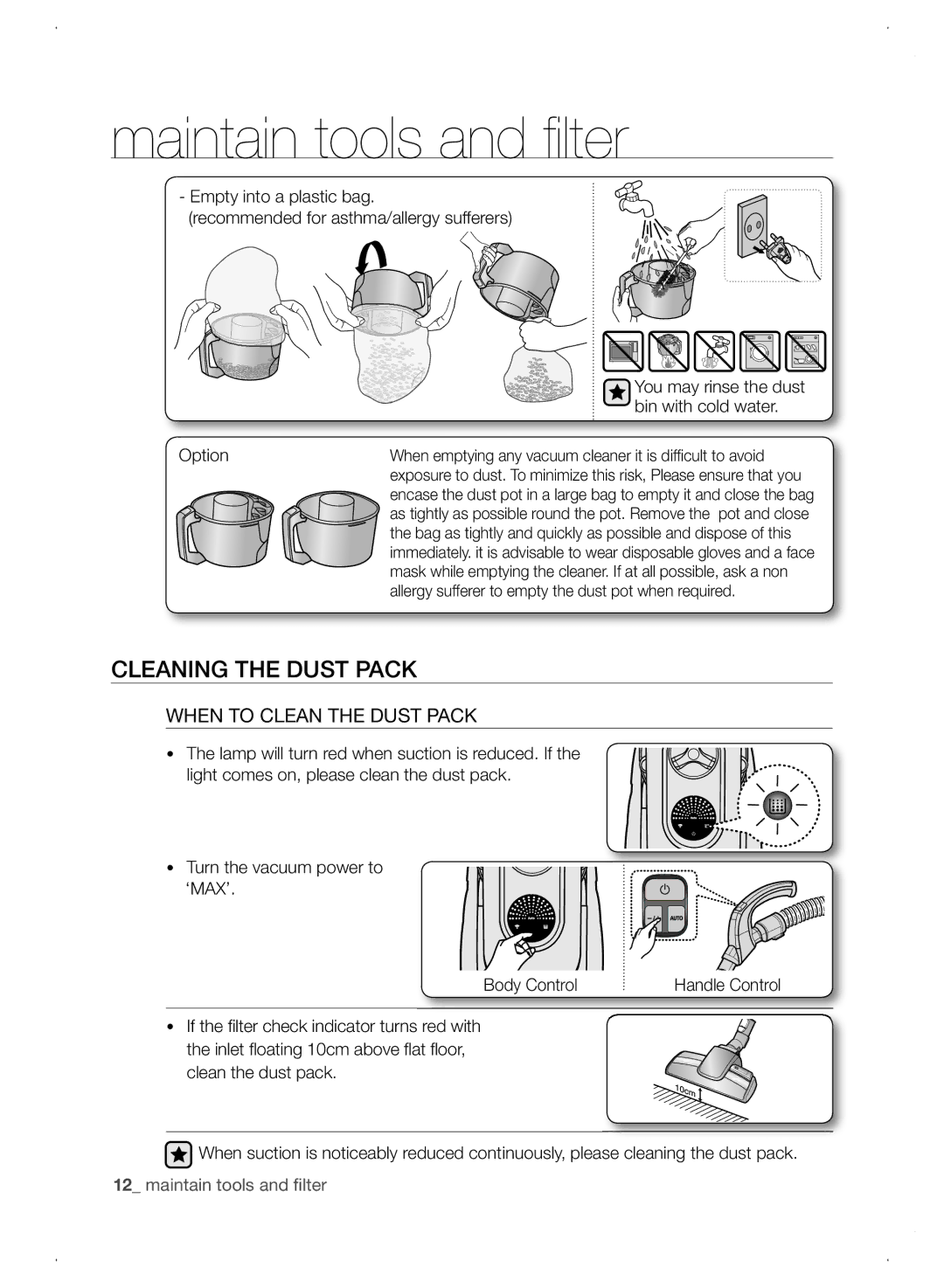 Samsung VCC8780H3A/TWL manual ClEANING ThE Dust PAcK, Option 