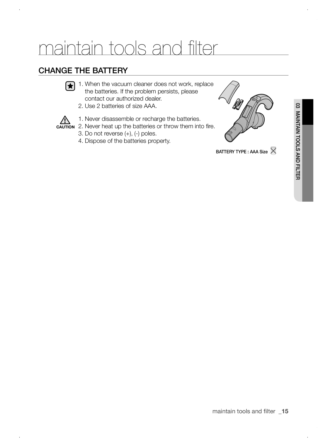 Samsung VCC8780H3A/TWL manual Maintain tools and filter, ChANGE ThE bATTERY 