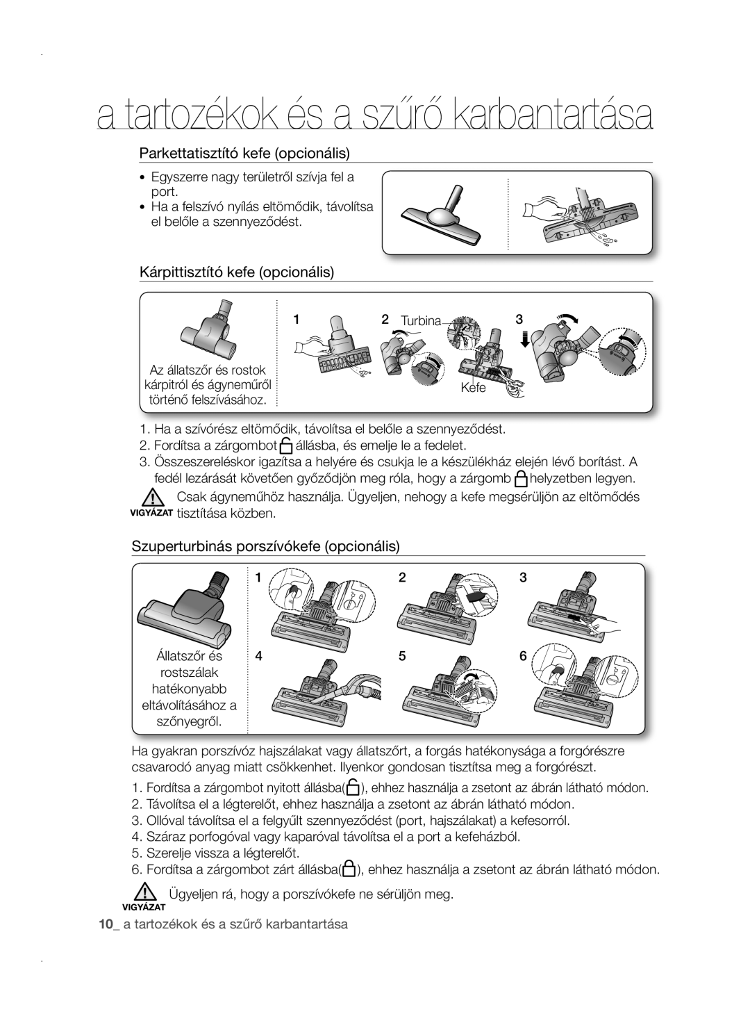 Samsung VCC8780H3A/XEH manual Parkettatisztító kefe opcionális, Kárpittisztító kefe opcionális, Turbina 