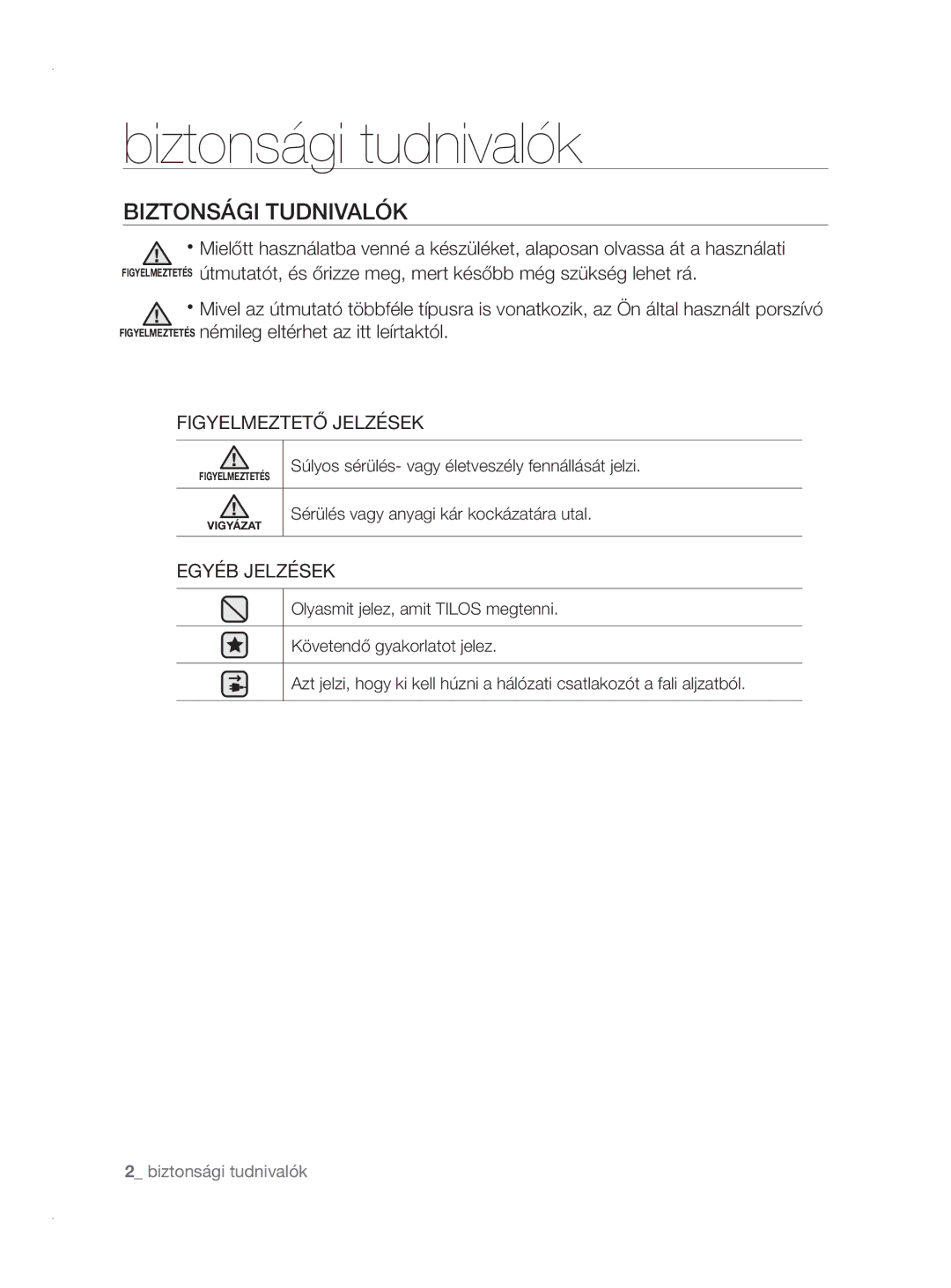 Samsung VCC8780H3A/XEH manual Biztonsági tudnivalók, Biztonsági Tudnivalók, Figyelmeztető Jelzések, Egyéb Jelzések 