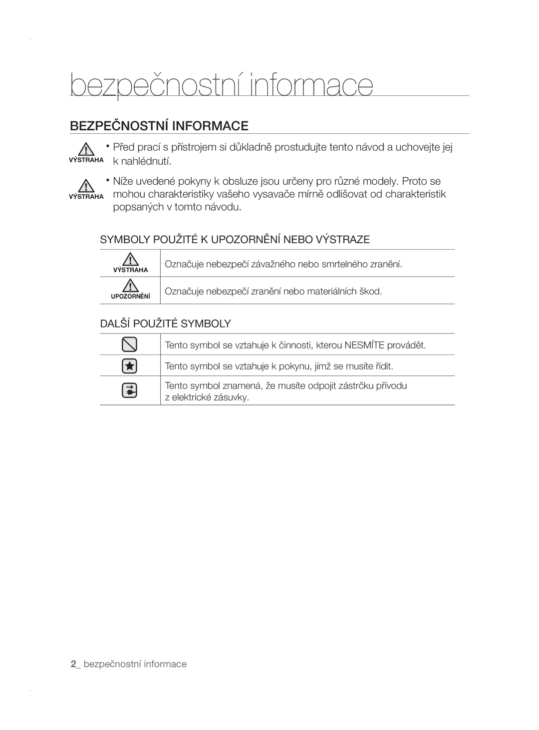 Samsung VCC8780H3A/XEH manual Bezpečnostní informace, Bezpečnostní Informace, Symboly Použité K Upozornění Nebo Výstraze 