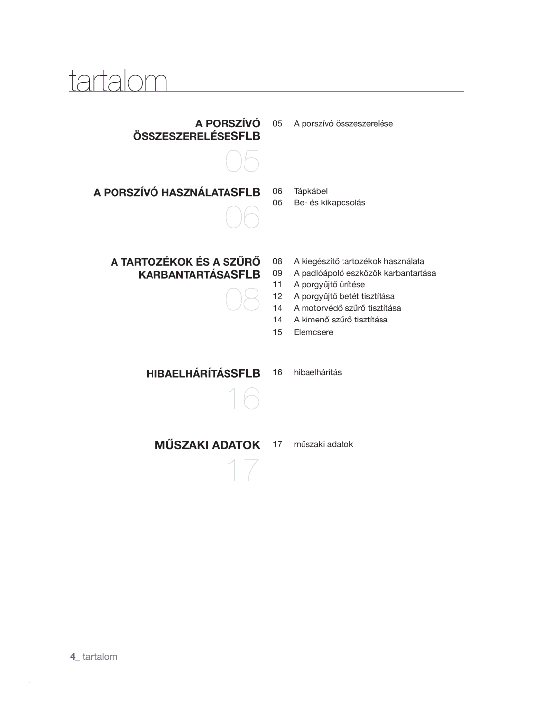 Samsung VCC8780H3A/XEH manual Tartalom, KarbantartásaSFlb 