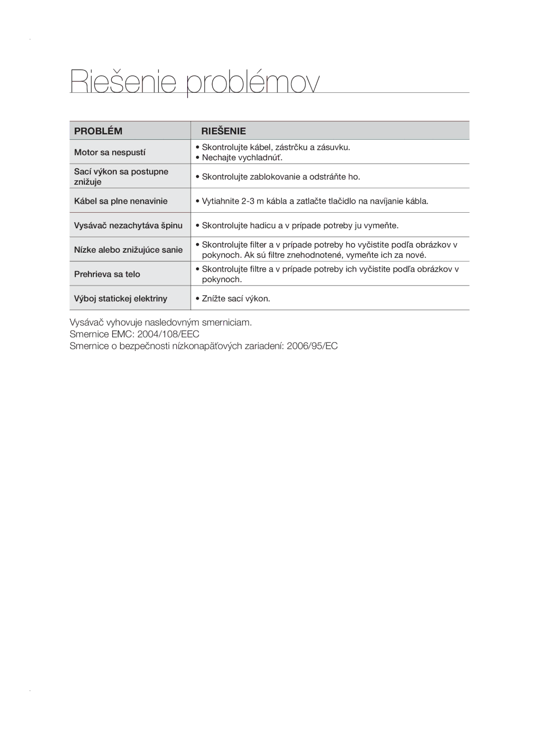 Samsung VCC8780H3A/XEH manual Riešenie problémov, Problém Riešenie 