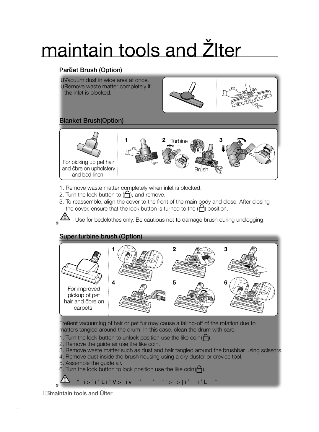 Samsung VCC8780H3A/XEH manual Parquet Brush Option, Blanket BrushOption, Super turbine brush Option, Turbine 