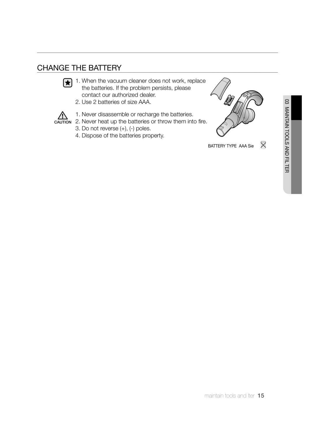 Samsung VCC8790H3K/HAC manual Maintain tools and filter, ChANGE ThE bATTERY 