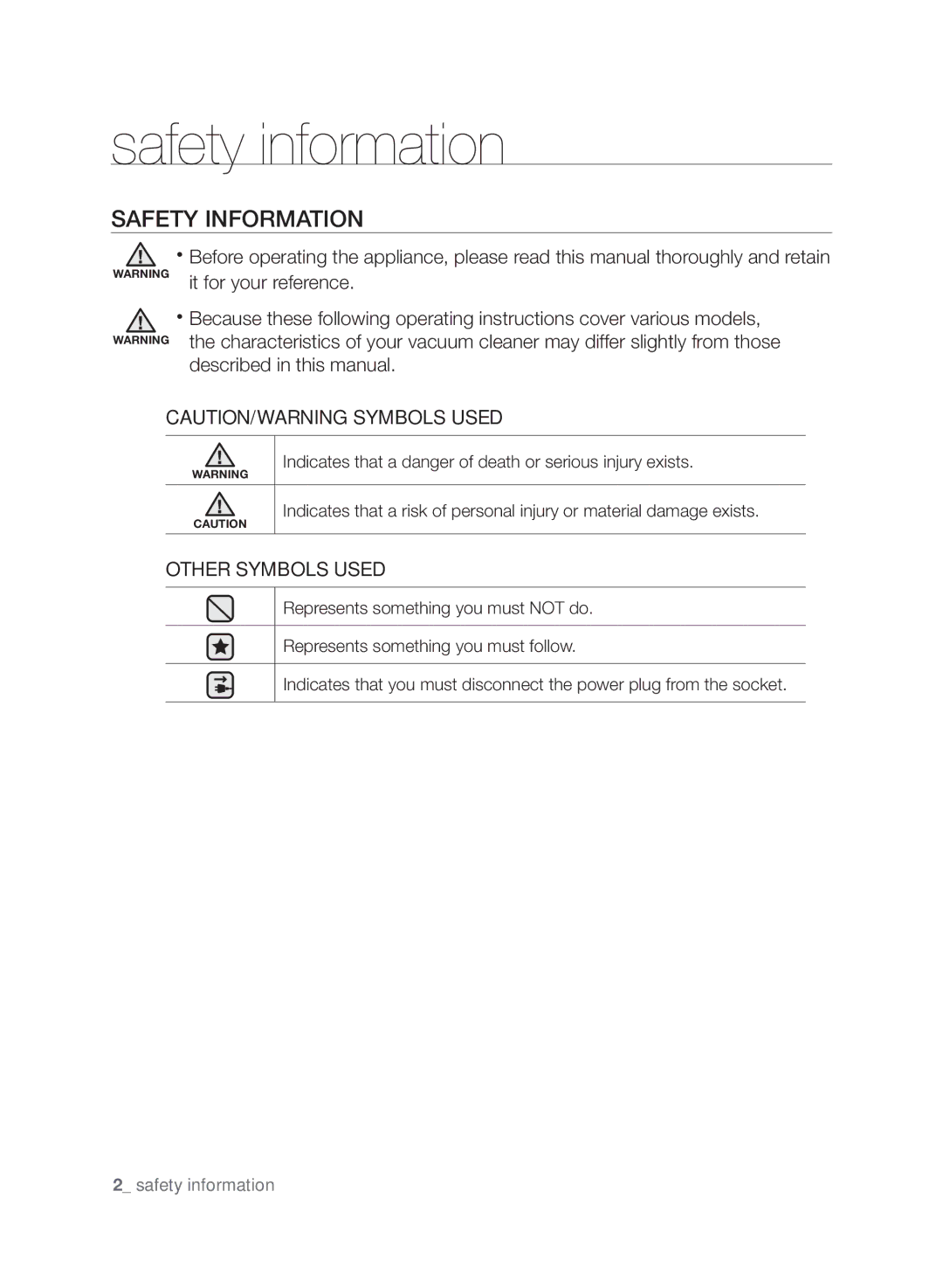 Samsung VCC8790H3K/HAC manual Safety information, Safety Information 