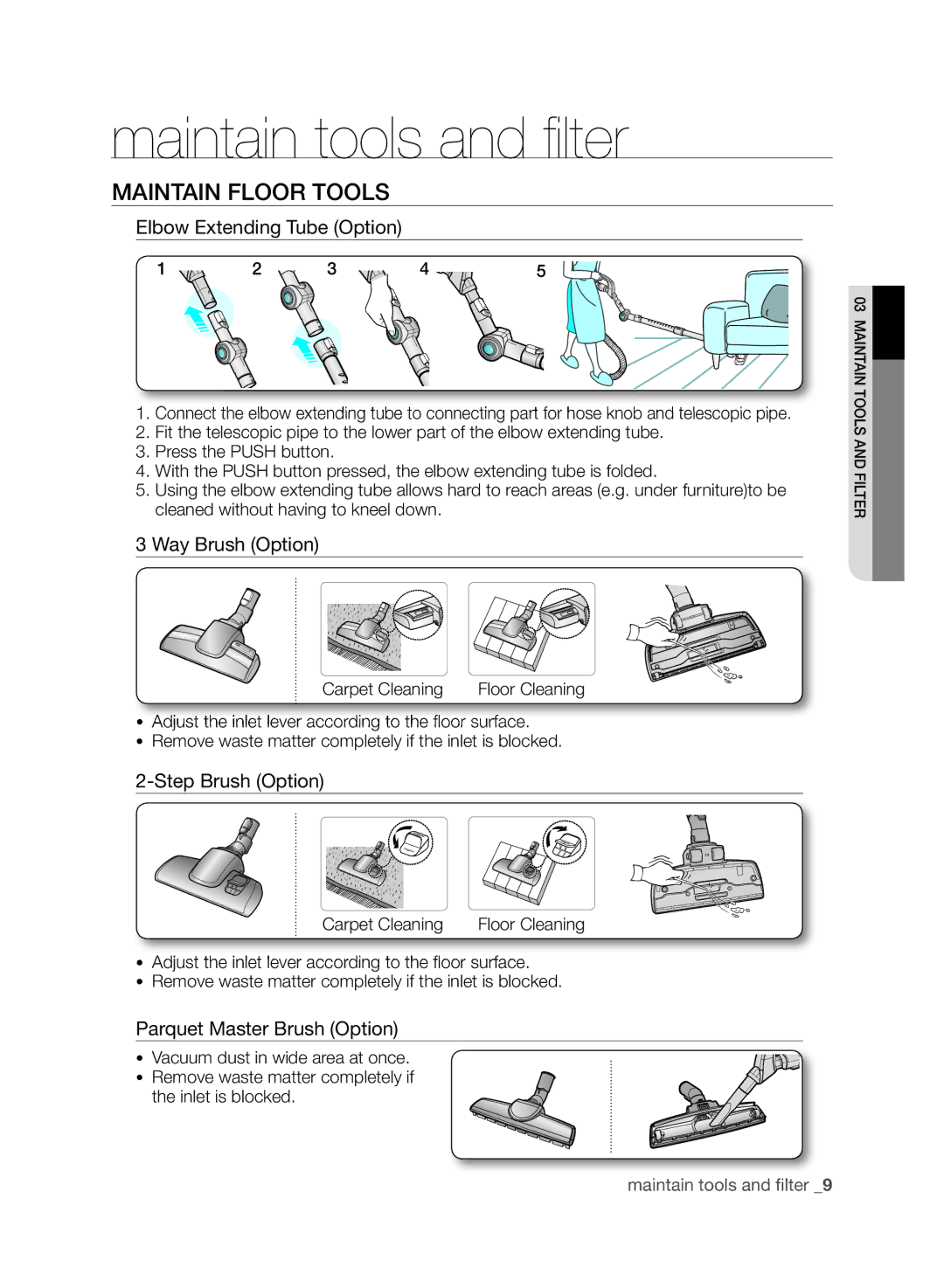 Samsung VCC8790H3K/HAC manual Maintain FlOOR TOOlS, Elbow Extending Tube Option, Way Brush Option, Step Brush Option 