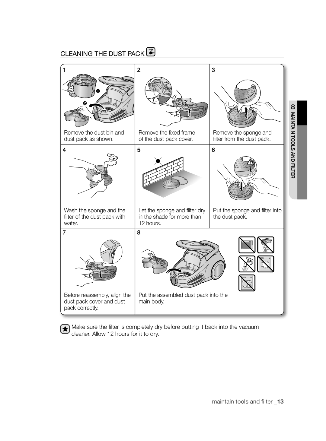 Samsung VCC8790H3K/XEE manual Cleaning the Dust Pack 